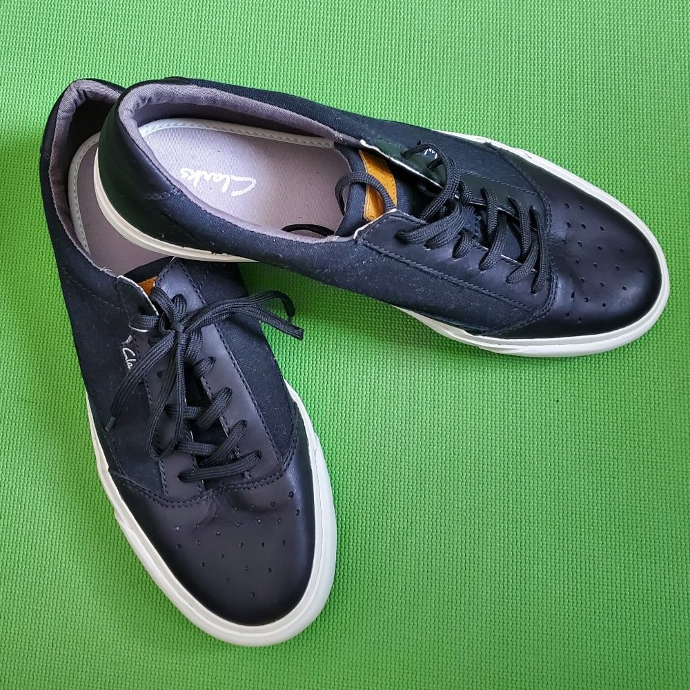 New Clarks Tiko Break Black Leather Canvas Sneakers US Size 8.5